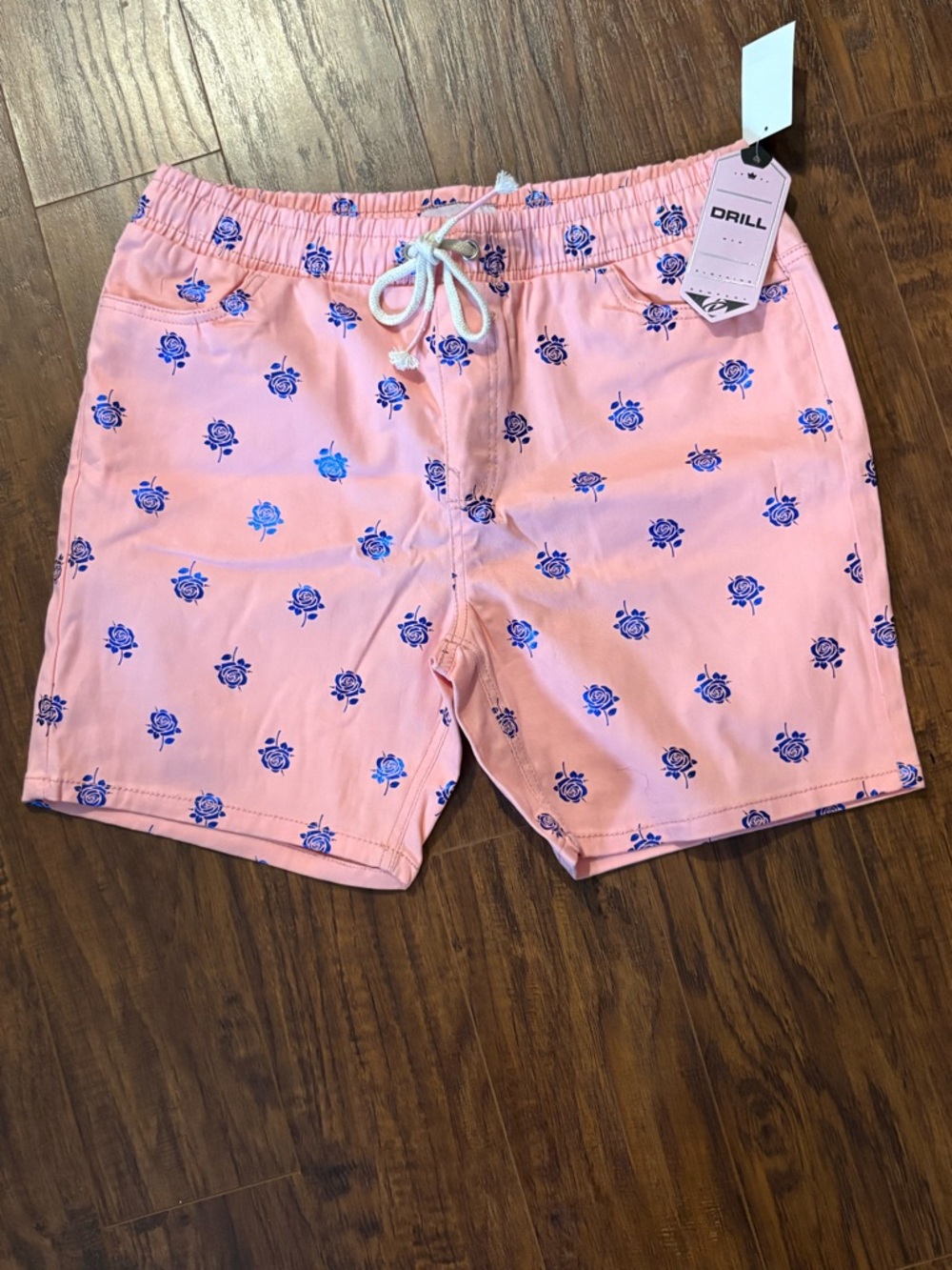 DRILL Men Pink Floral Drawstring Shorts with Blue Metallic Rose Pattern Size LG